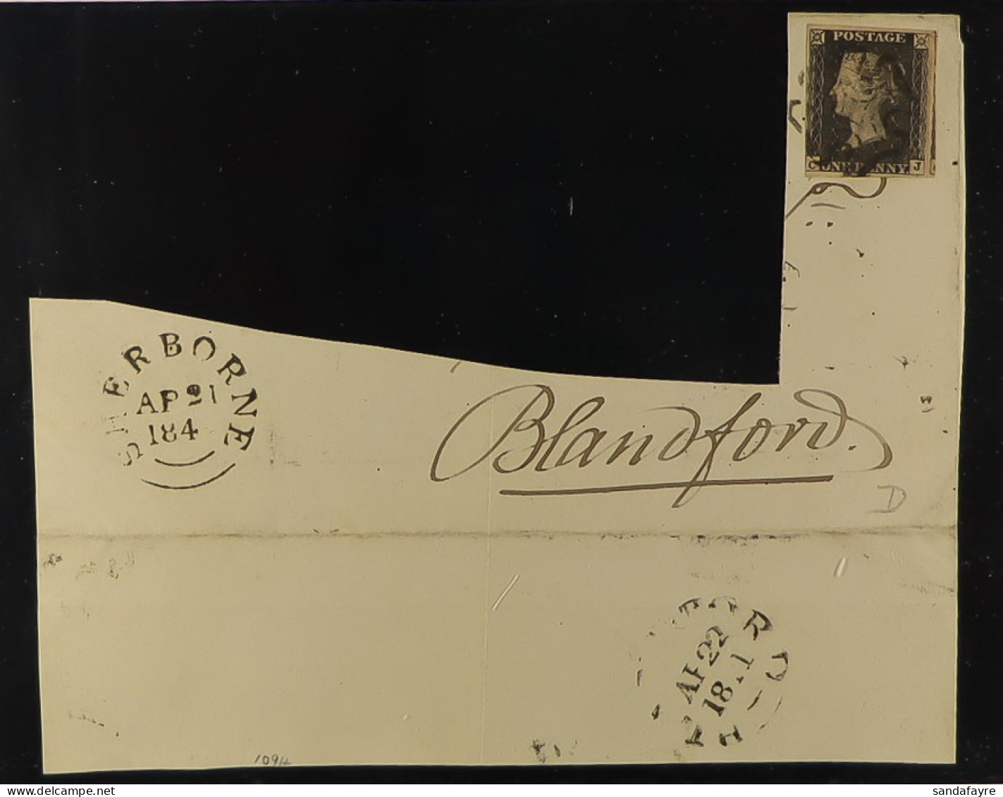 1840 1d Black 'CJ' Plate 10 With Just Touching To Huge Margins Tied To Large Cover Fragment By Black MC. Cat Â£950. - Unclassified