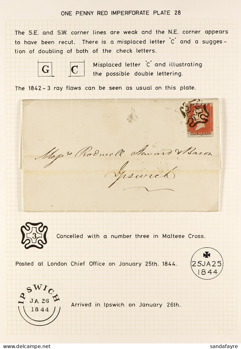 1841 1d Red, Plate 28 (2Â½ Margins), On An Entire Letter To Ipswich, Tied By Clear '3' In Maltese Cross. Cat. Â£450. - Other & Unclassified