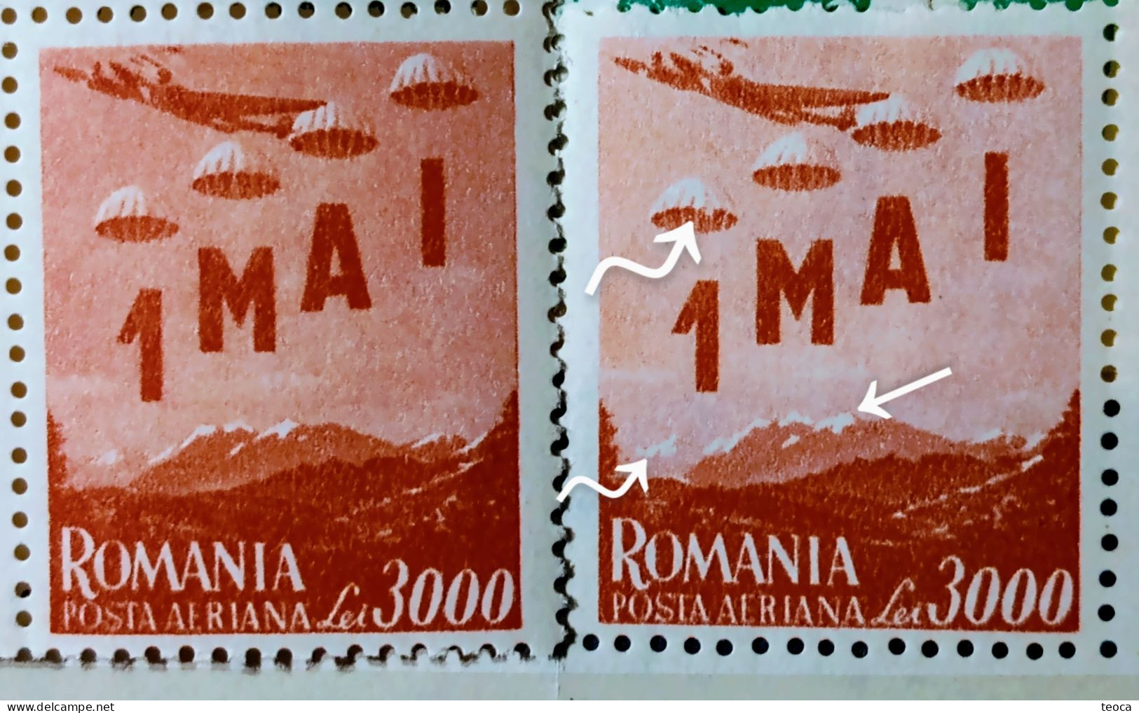 Errors Stamps Romania 1947 # Mi1063 Printed With   Broken Parachute, Increased Hills, Unused,aviation, - Plaatfouten En Curiosa