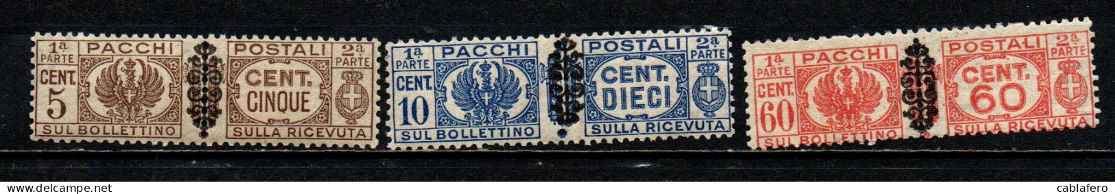 ITALIA LUOGOTENENZA - 1945 - STEMMA E CIFRA CON FREGIO NERO SUI FASCI - 5-10 E 60 Cent. - MNH - Paketmarken