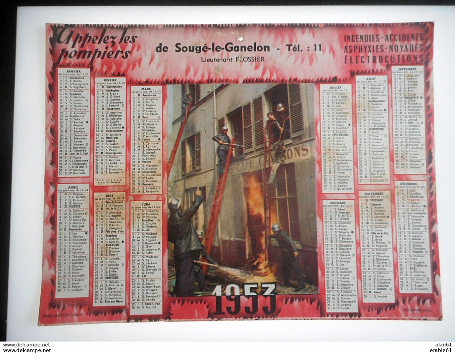 CALENDRIER Format 20 PAR 26 CMS Année 1953 POMPIERS DE SOUGE LE GANELON - Big : 1941-60