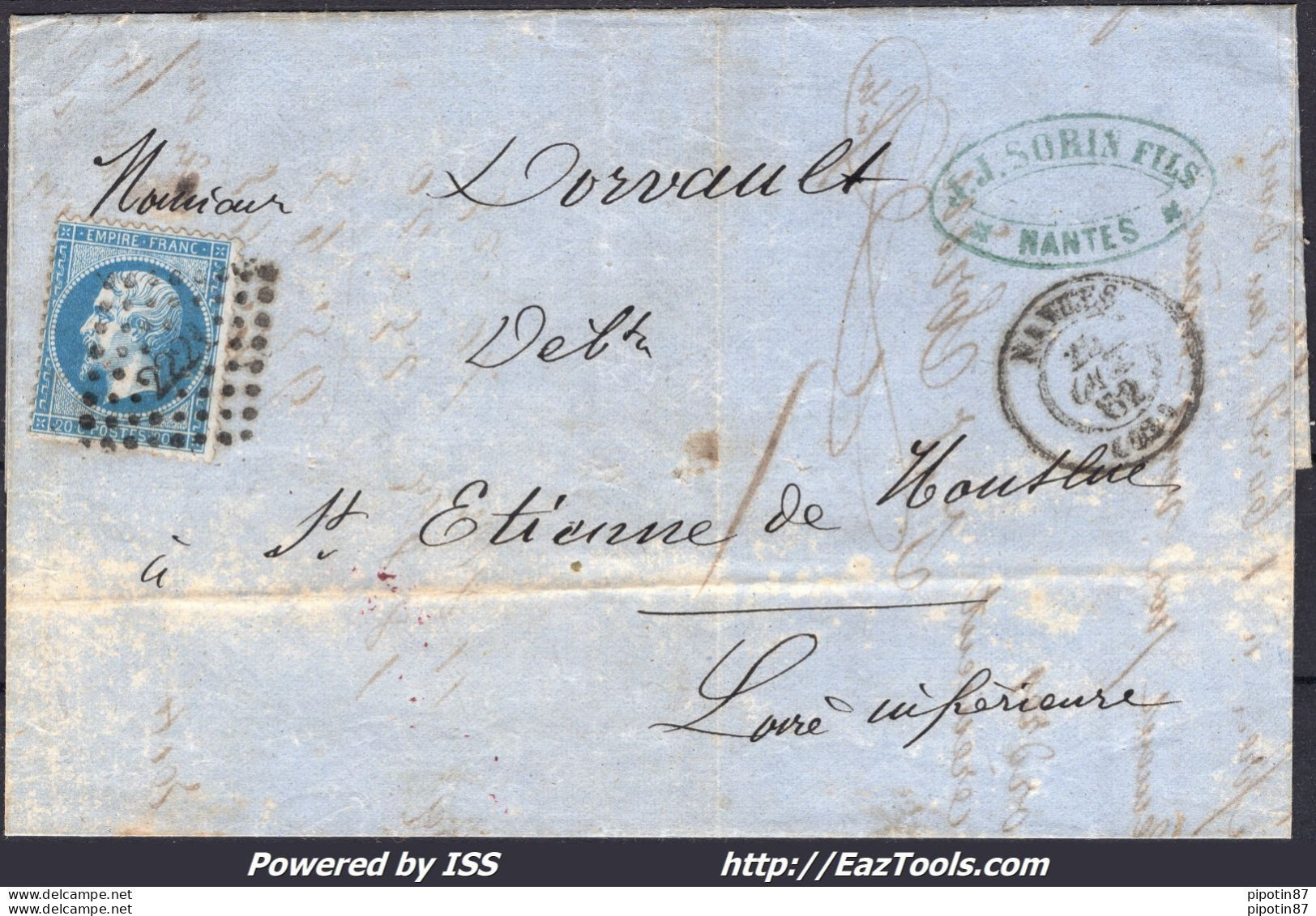 FRANCE N°22 SUR LETTRE AVEC PC 2221 NANTES LOIRE INF + CAD DU 20/10/1862 - 1862 Napoléon III.