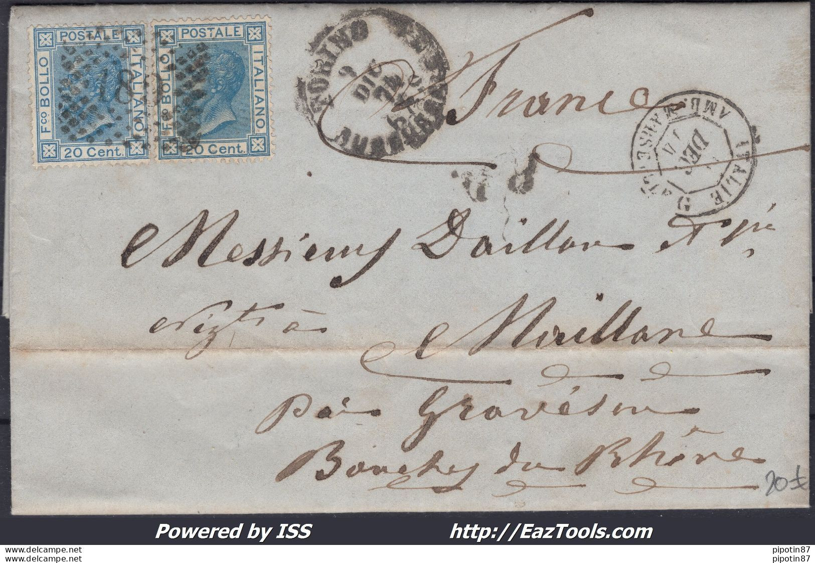 ITALIE N°23x2 SUR LETTRE GC ITALIEN 180 TURIN + CAD AMB MARSEILLE G 11/12/1874 - Oblitérés