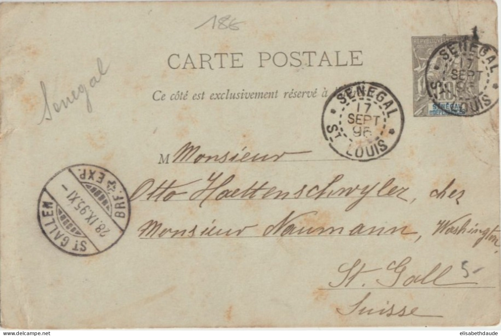 1895 - SENEGAL - CARTE ENTIER De SAINT LOUIS => ST GALL (SUISSE) ! - Covers & Documents