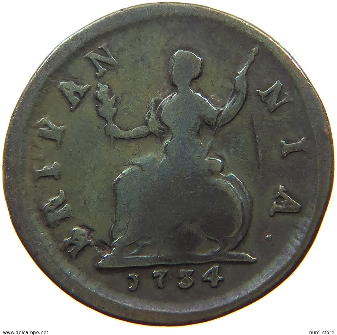 GREAT BRITAIN FARTHING 1734 George II. 1727-1760. #t149 0195 - A. 1 Farthing
