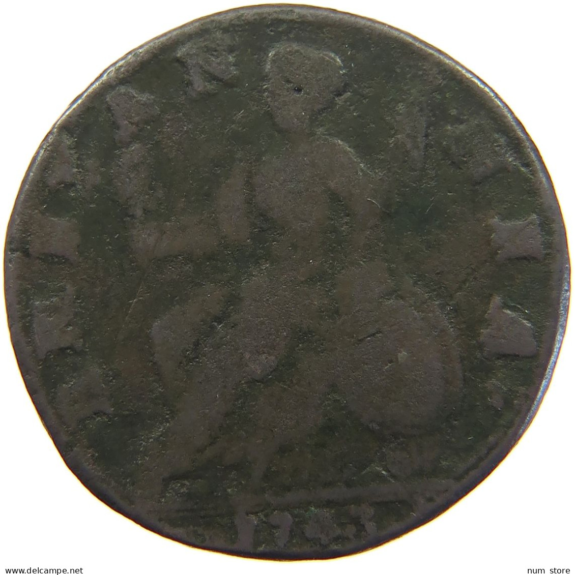 GREAT BRITAIN HALFPENNY 1743 George II. 1727-1760. #t155 0191 - B. 1/2 Penny