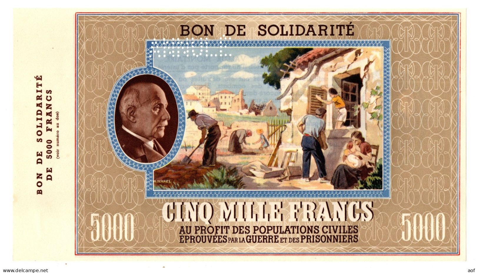 Bon De Solidarite PETAIN 5000 Francs ANNULE NEUF - Notgeld