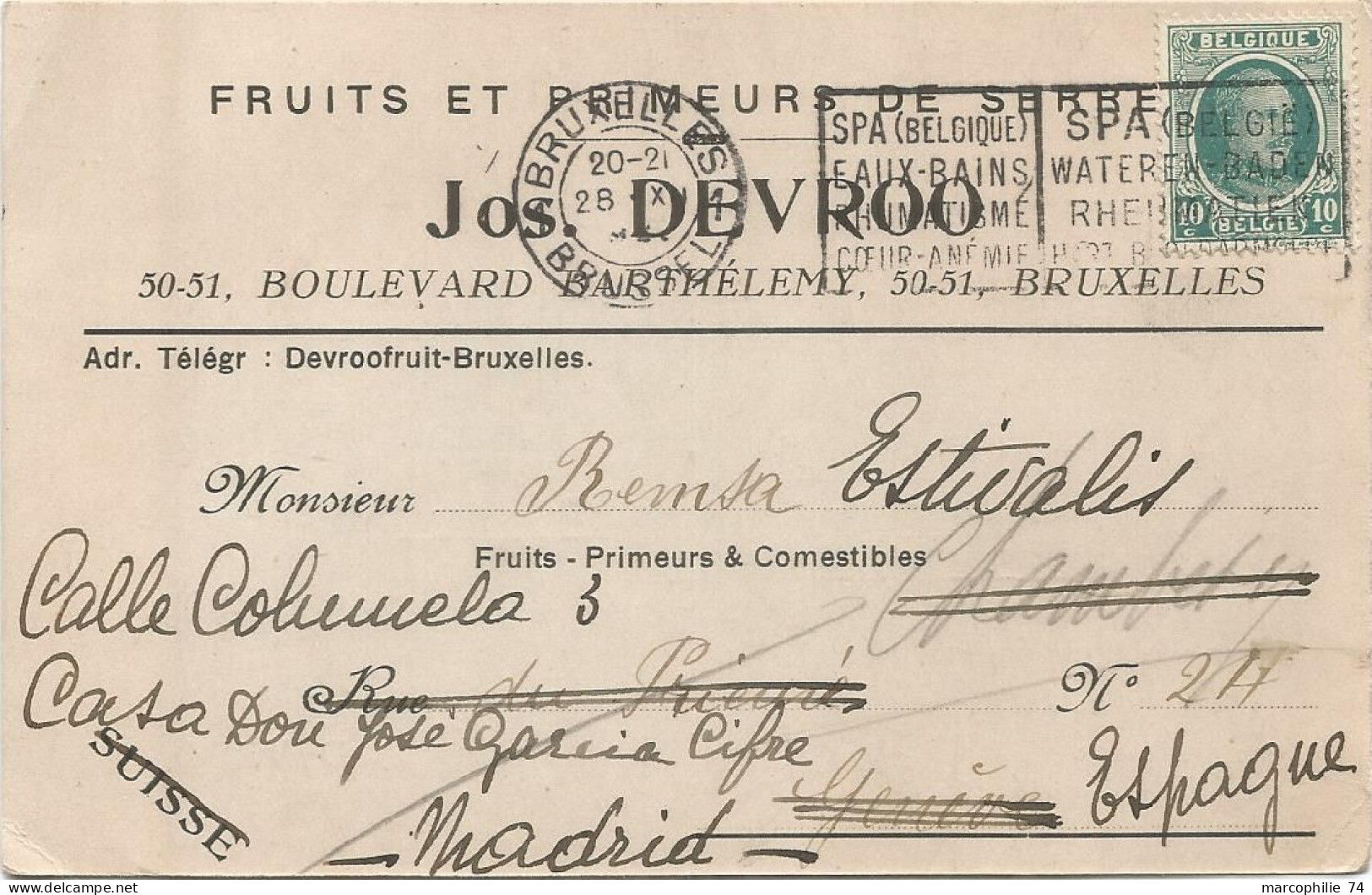 BELGIQUE CARTE PRIVEE PUB FRUITS ET PRIMEURS DE SERRE JOS DEVROO BRUXELLES 1923 - Markets