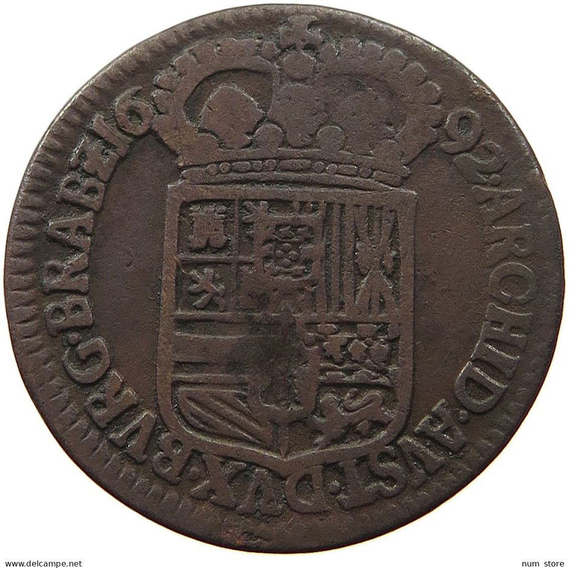 SPANISH NETHERLANDS LIARD 1692 CARLOS II (1665-1700) RARE #t065 0033 - 1556-1713 Pays-Bas Espagols