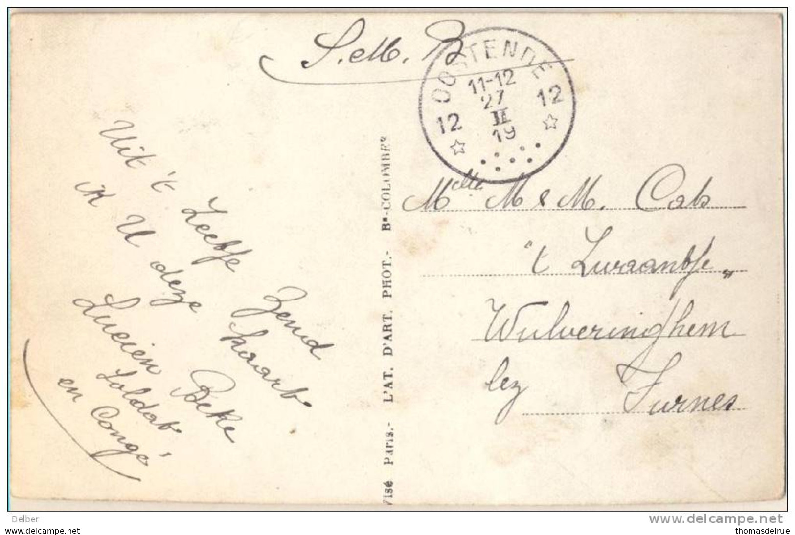 _Np432: Fantasiekaart: S.M > 't Zwaantje " Wulveringhem Lez Furnes : *12 OOSTENDE 12* 27 II 19: Noodstempel-sterstempel - Fortune Cancels (1919)