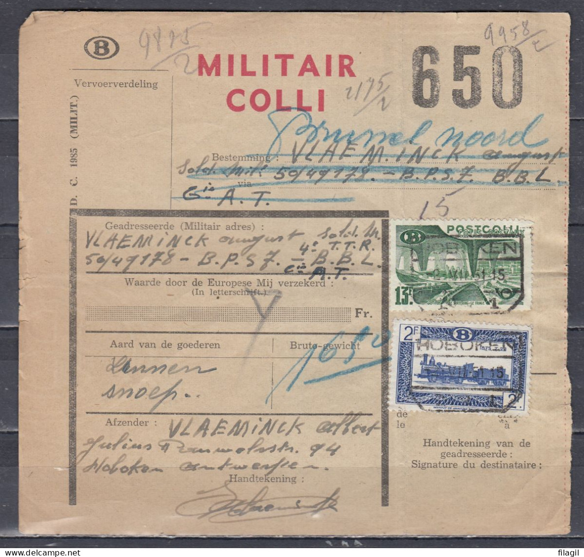 Vrachtbrief Met Stempel HOBOKEN N°1 MILITAIR COLLI - Documents & Fragments