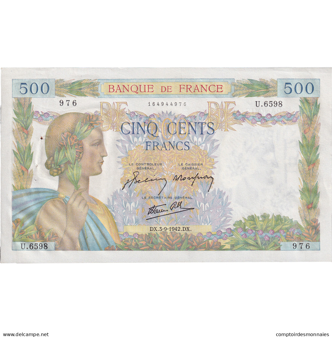 France, 500 Francs, La Paix, 1942, U.6598 976, SUP, Fayette:32.39, KM:95b - 500 F 1940-1944 ''La Paix''