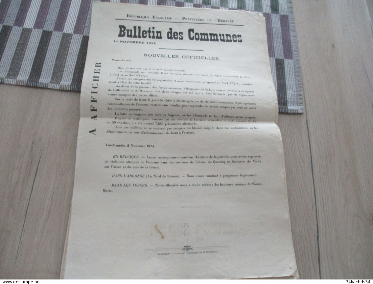 Guerre De 14/18 Grande Affiche 32 X 48 Environs Préfecture De L'Hérault Nouvelles Officielles Du Front 1 Et 2/11/1914 - Documents