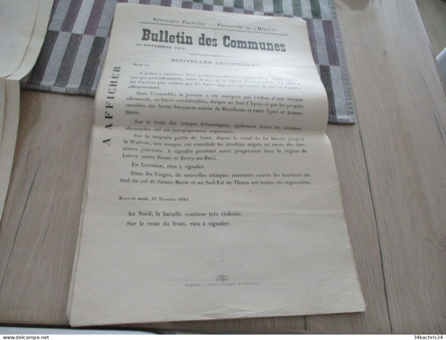 Guerre De 14/18 Grande Affiche 32 X 48 Environs Préfecture De L'Hérault Nouvelles Officielles Du Front 10 Et 11/11/1914 - Dokumente