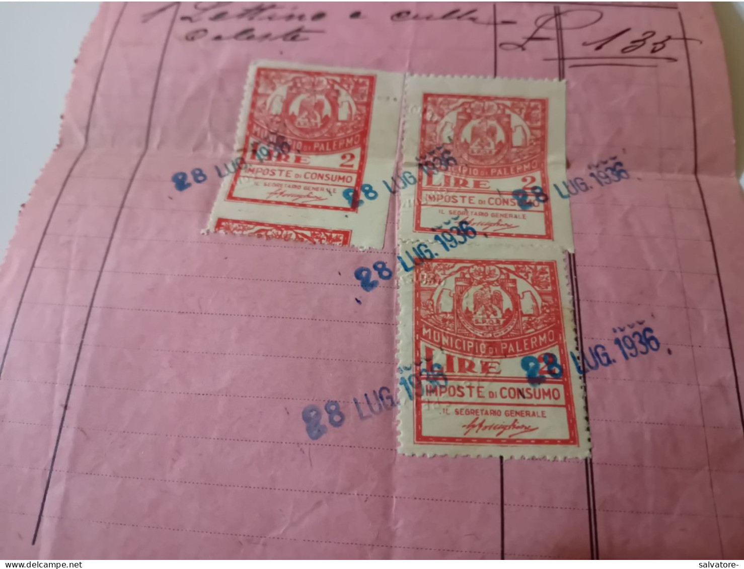 3 MARCHE DA BOLLO MUNICIPIO DI PALEMO IMPOSTE CONSUMO 1936 DA LIRE 2 SU DOCUMENTO - Revenue Stamps