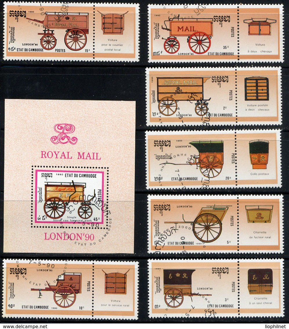 CAMBODGE 1990, London 90, Voitures Hippomobiles Des Postes, 7 Valeurs Et 1 Bloc, Oblitérés / Used. R697-8 - Stage-Coaches