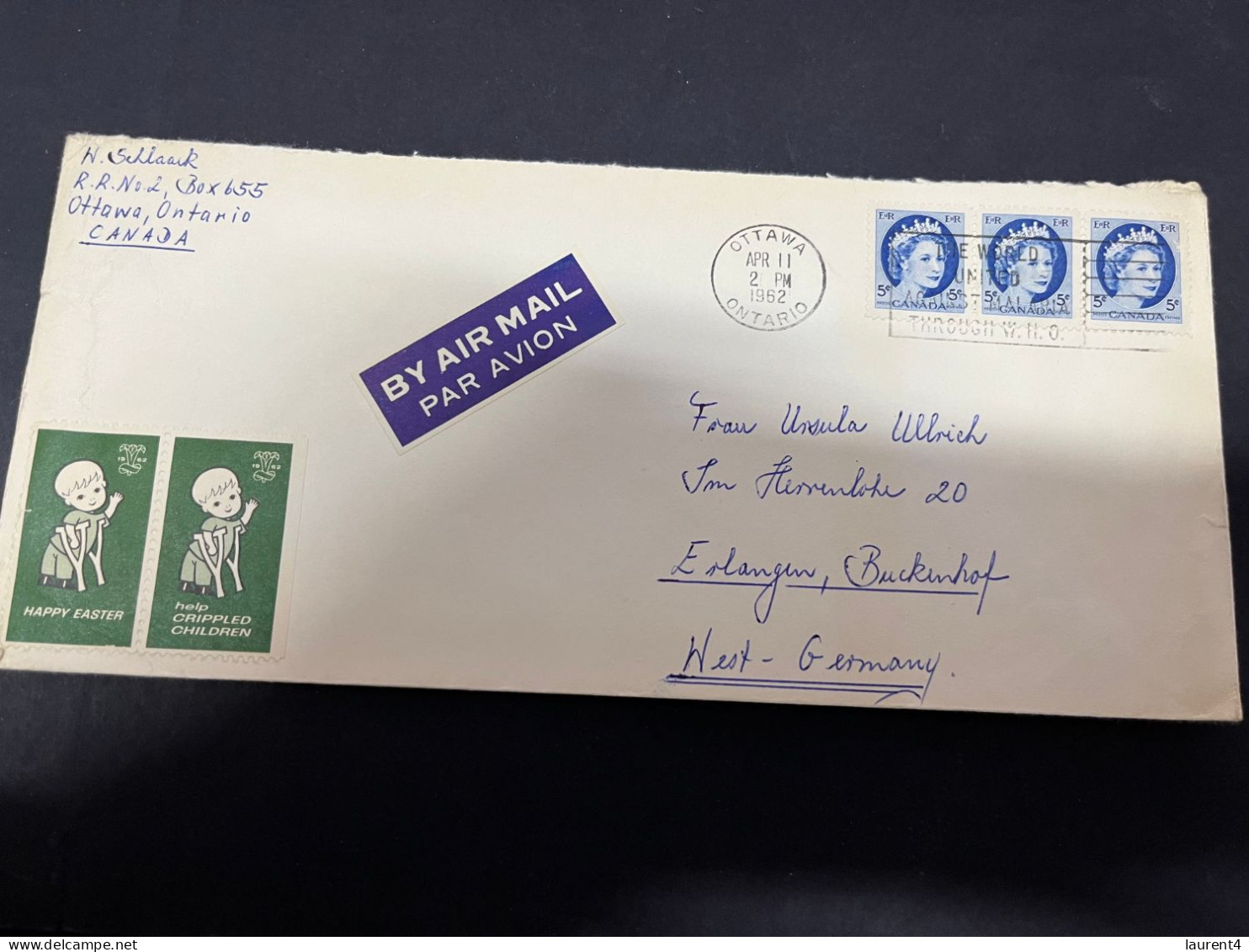 13-11-2023 (2 V 9) Letter Posted From Canada To West Germany (1962) With 2 Cinderella Stamps - Briefe U. Dokumente