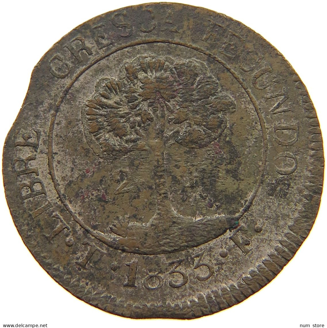 HONDURAS 2 REALES 1833 COPPER STRUCK #t135 0205 - Honduras