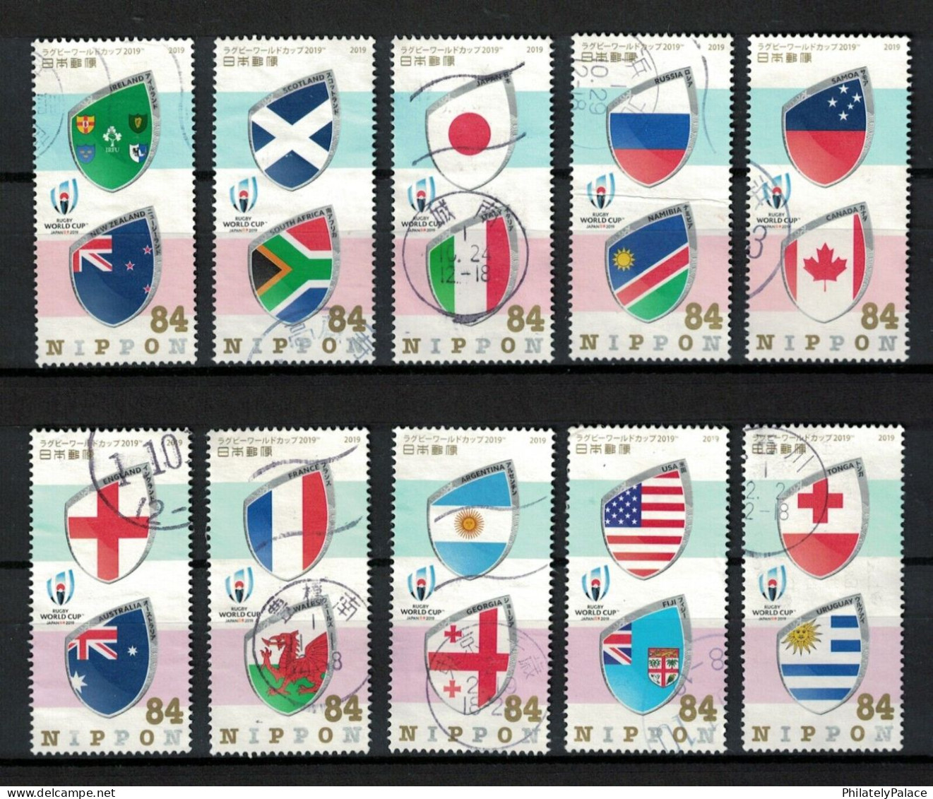 JAPAN 2019 RUGBY WORLD CUP,ENGLAND,AUSTRALIA,FRANCE,WALES,ARGENTINA,GEORGIA,USA,FIJI,TONGA,URUGUAY,10V Used SET - Oblitérés