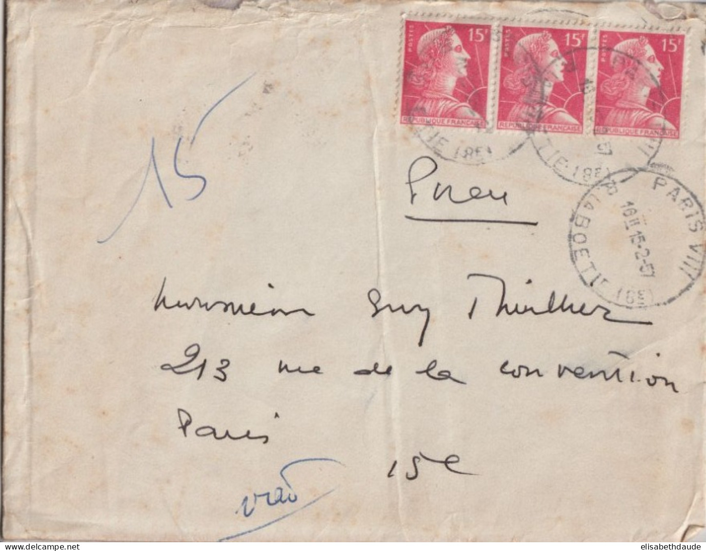 1957 - LETTRE PNEUMATIQUE De PARIS ! TYPE MULLER - 1955-1961 Marianne Of Muller