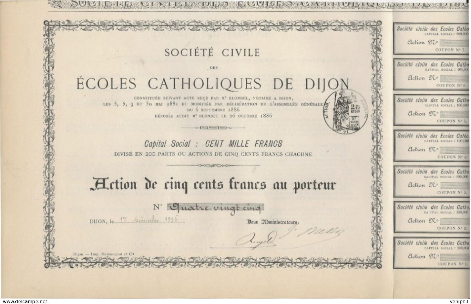 SOCIETE CIVILE DES ECOLES CATHOLIQUES DE DIJON - DIVISE EN 200 PARTS OU ACTIONS DE CINQ CENT FRANCS - ANNEE 1886 - Andere & Zonder Classificatie