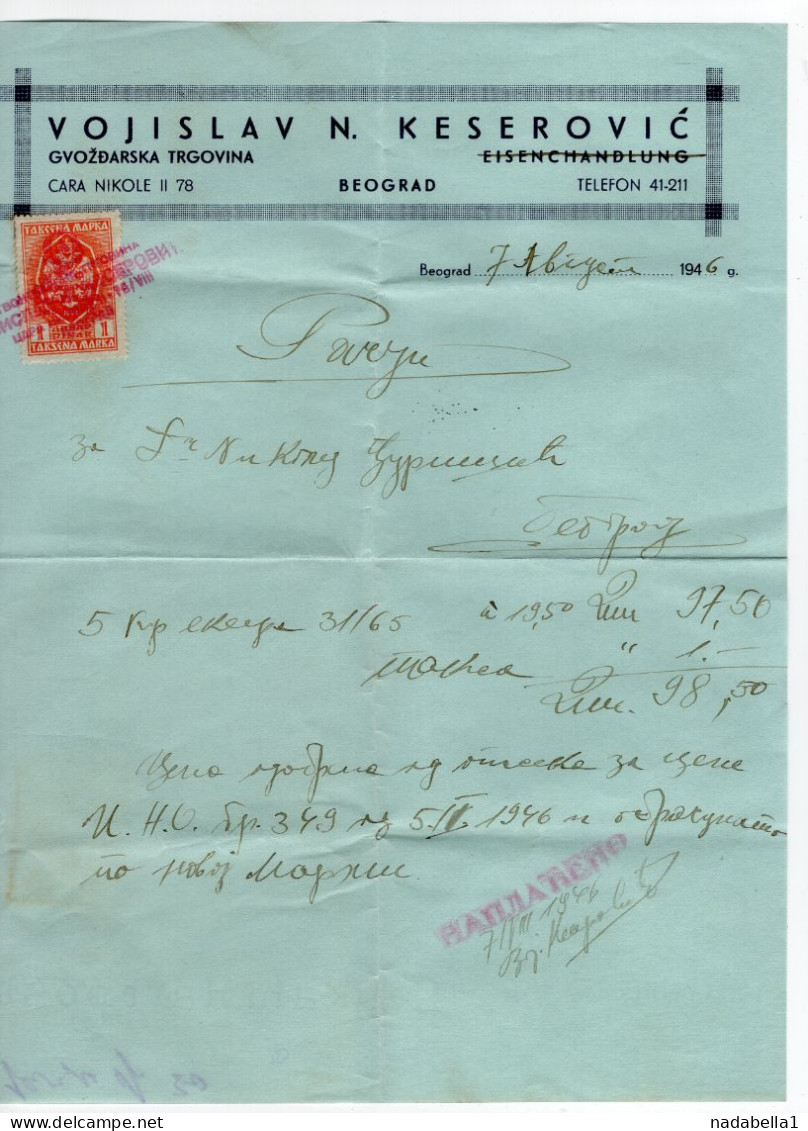 1946. YUGOSLAVIA,SERBIA,BELGRADE,V. KESEROVIC,INVOICE ON LETTERHEAD,1 DIN. REVENUE STAMP,OVERPRINT - Lettres & Documents