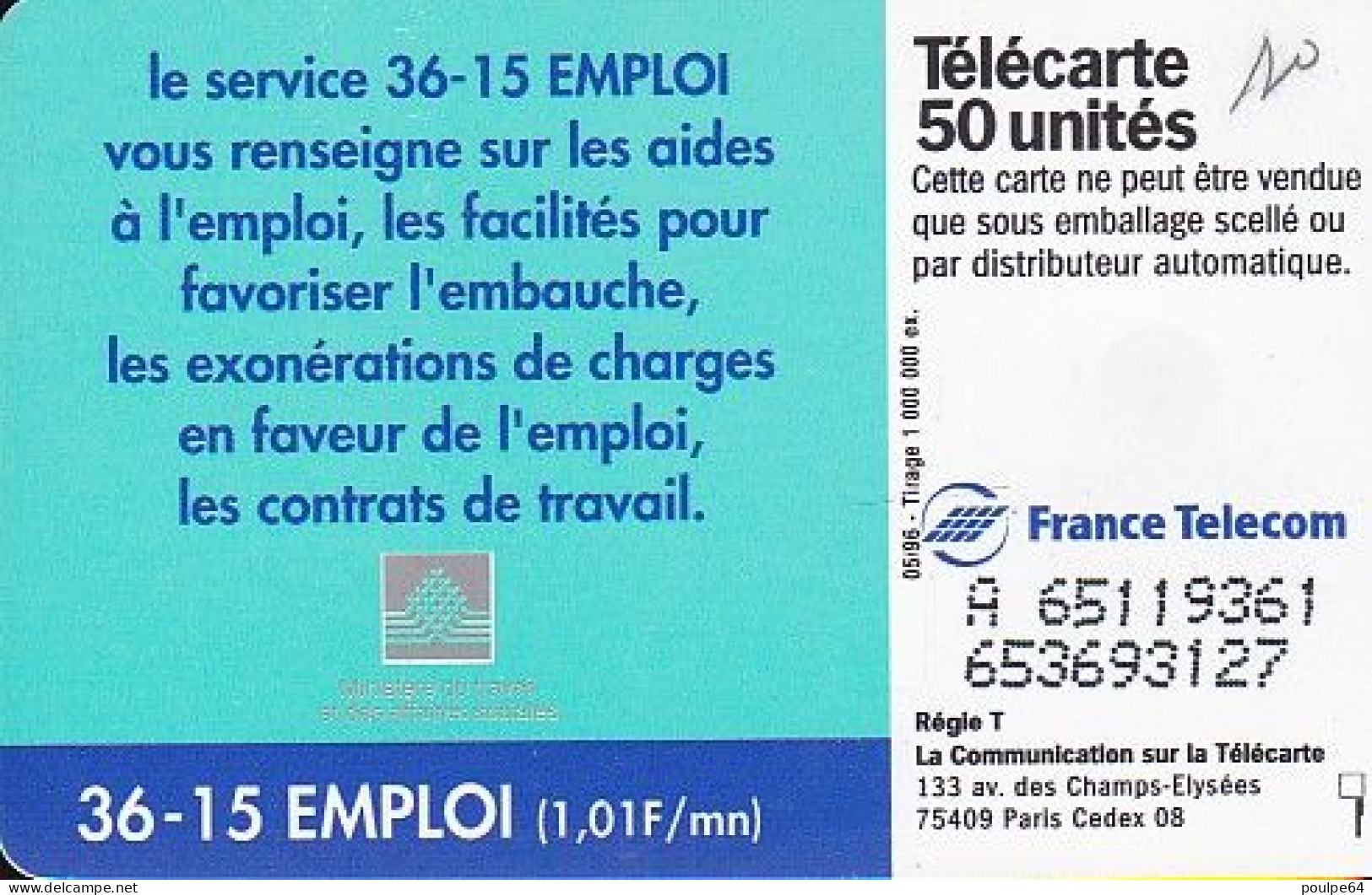 F651 05/1996 - 36.15 EMPLOI - 50 SO3 - (verso : N° Deux Ligne Centrées) - 1996