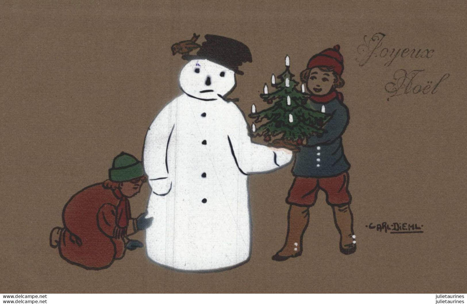 DIEHL CARL ILLUSTRATEUR BONHOMME DE NEIGE ET ENFANTS JOYEUX NOEL CPA BON ETAT TRAIT TRACE DE SCANN - Diehl, Carl