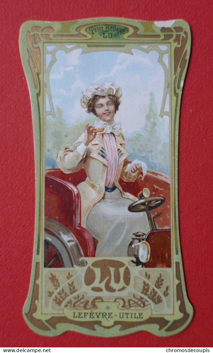 Chromo  LU  Lefevre -Utile  Osselet   Art Nouveau   Petit Beurre LU   Voiture Ancienne Dame élégante - Lu