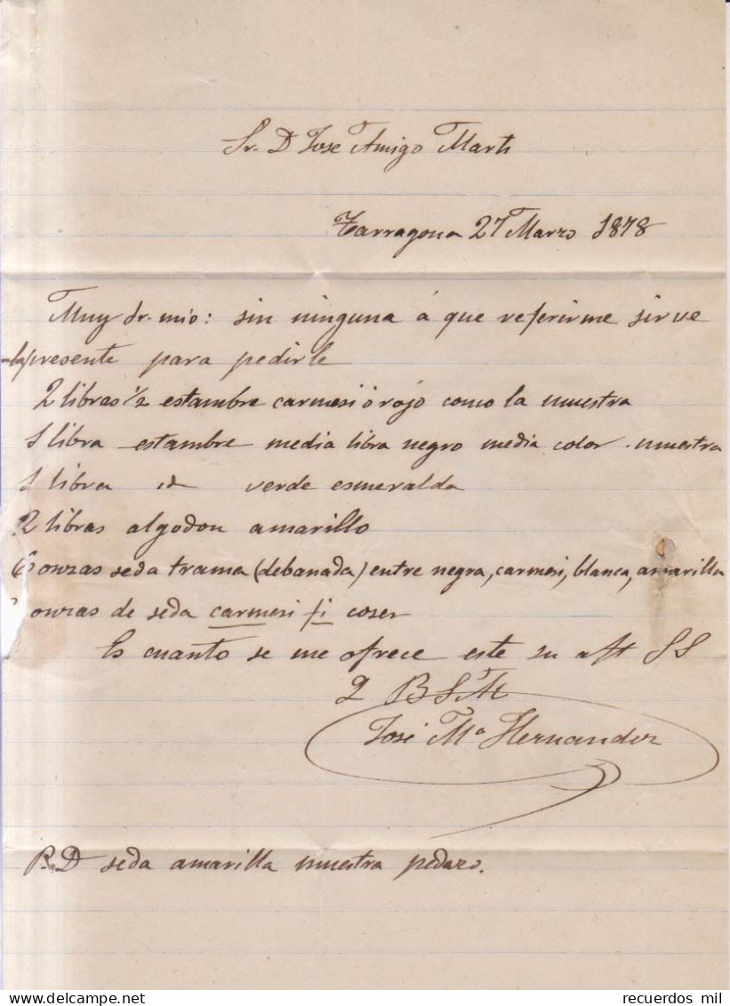 Año 1876 Edifil 175-188 Carta  Matasellos Tarragona Jose Maria Hernandez - Covers & Documents