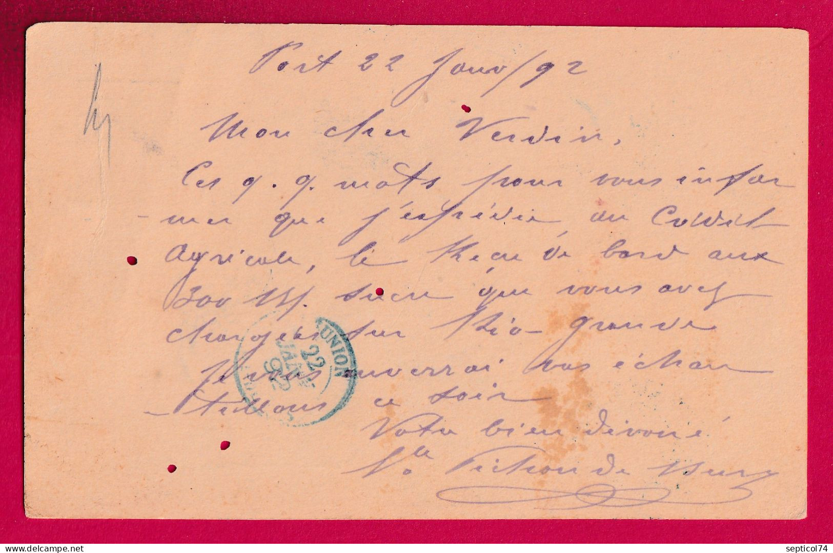 ENTIER ALPHEE DUBOIS CAD BLEU LA REUNION ?? POUR ST DENIS 1892 LETTRE - Covers & Documents