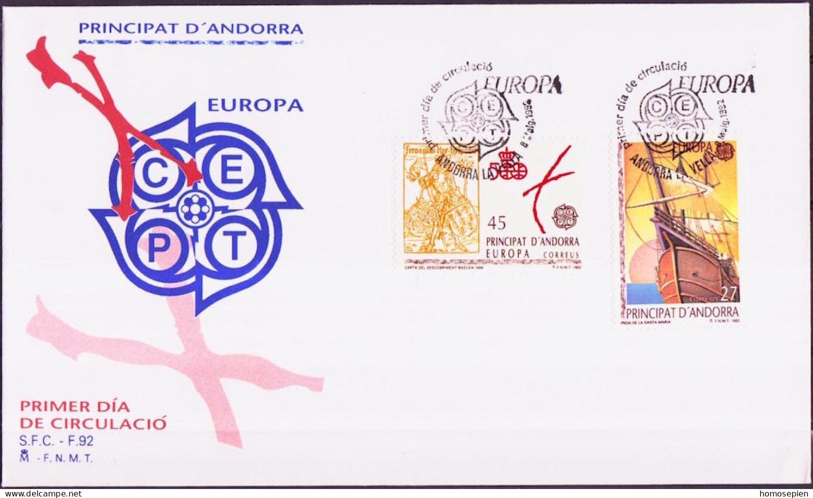 Andorre Espagnol - Andorra FDC 1992 Y&T N°216 à 217 - Michel N°226 à 227 - EUROPA - Briefe U. Dokumente