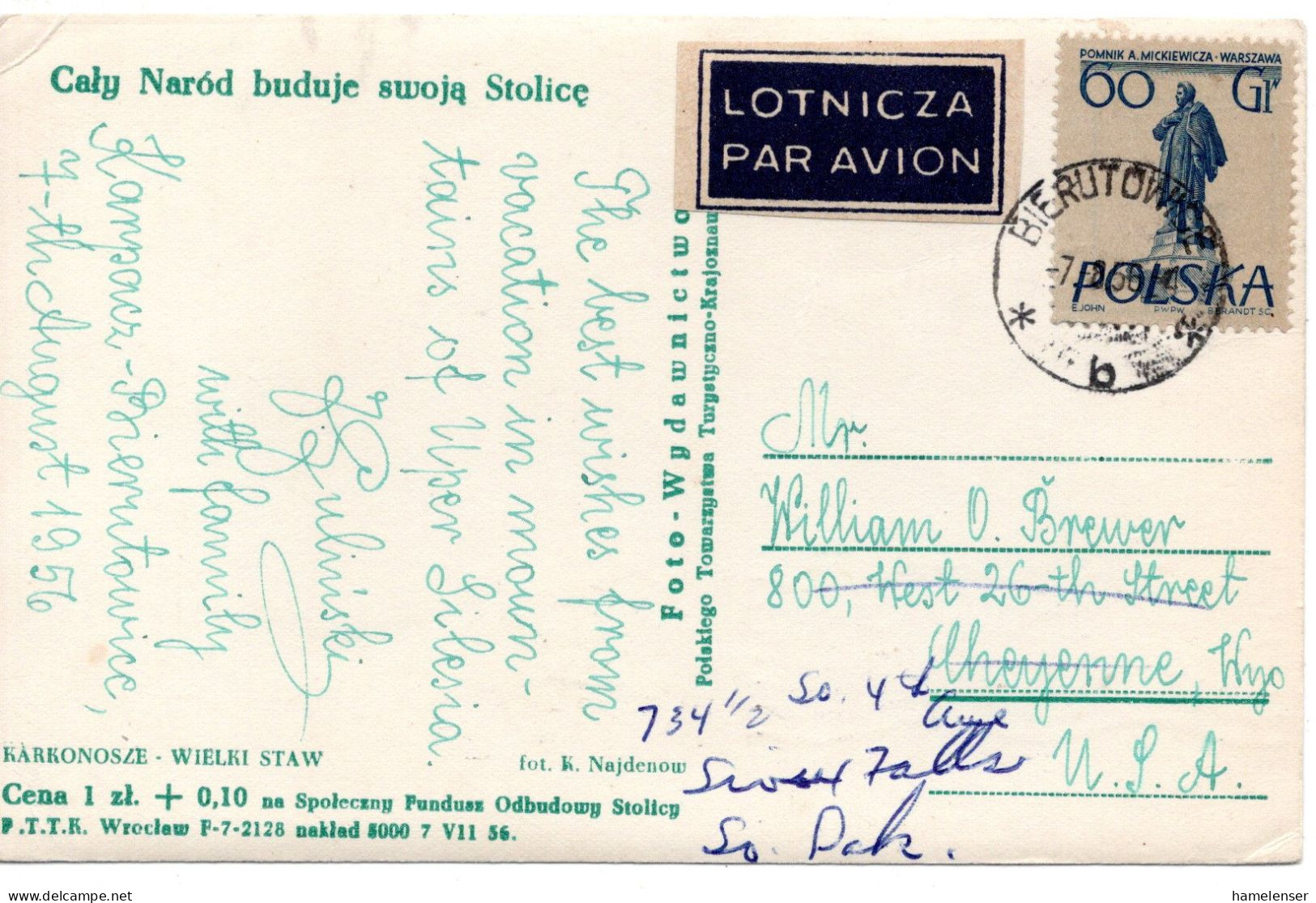 71786 - Polen - 1956 - 60gr Denkmal EF A LpAnsKte BIERUTOWICE -> Cheyenne, WY (USA), Nachgesandt - Covers & Documents