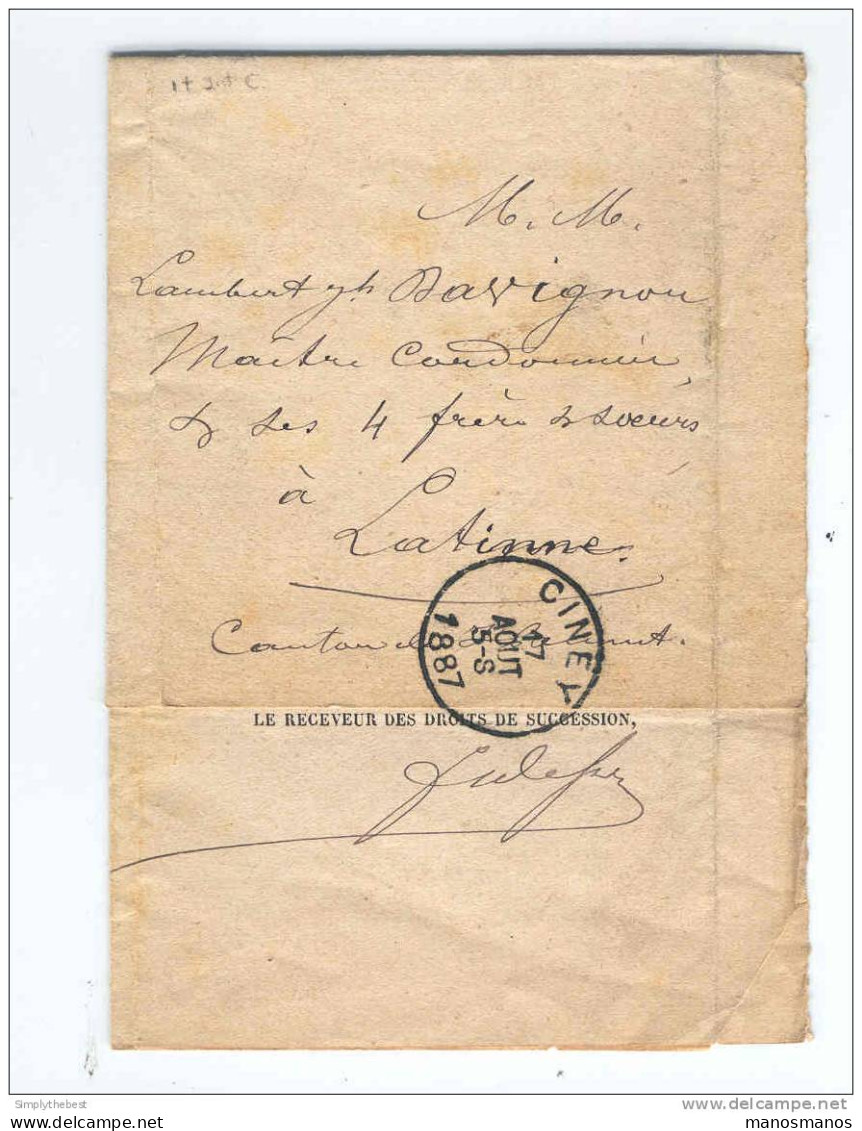 Lettre En Franchise CINEY 1887 Vers LATINNE - Ministère Des Finances Succession  --  GG387 - Franchise