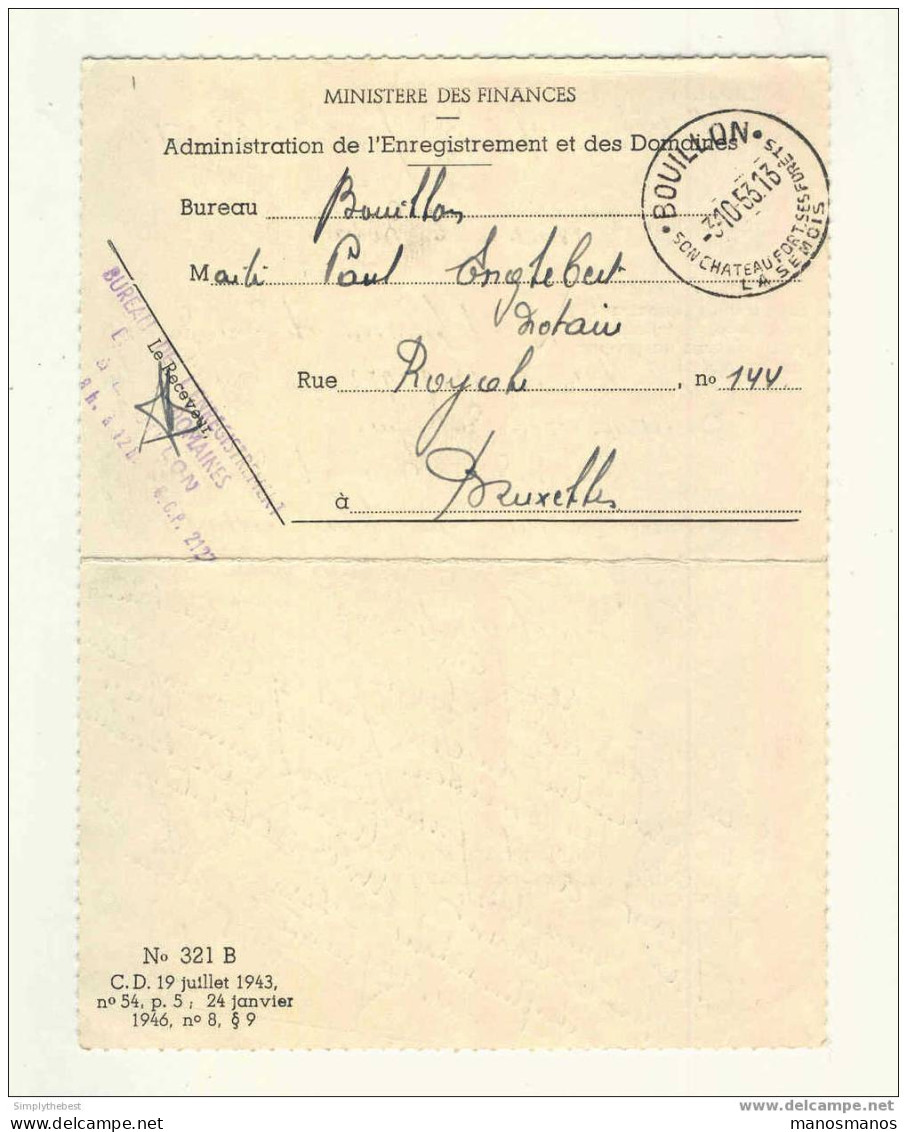 Lettre De Service En FRANCHISE BOUILLON 1953 Vers Le Notaire Englebert à BRUXELLES  --  EE412 - Franchise