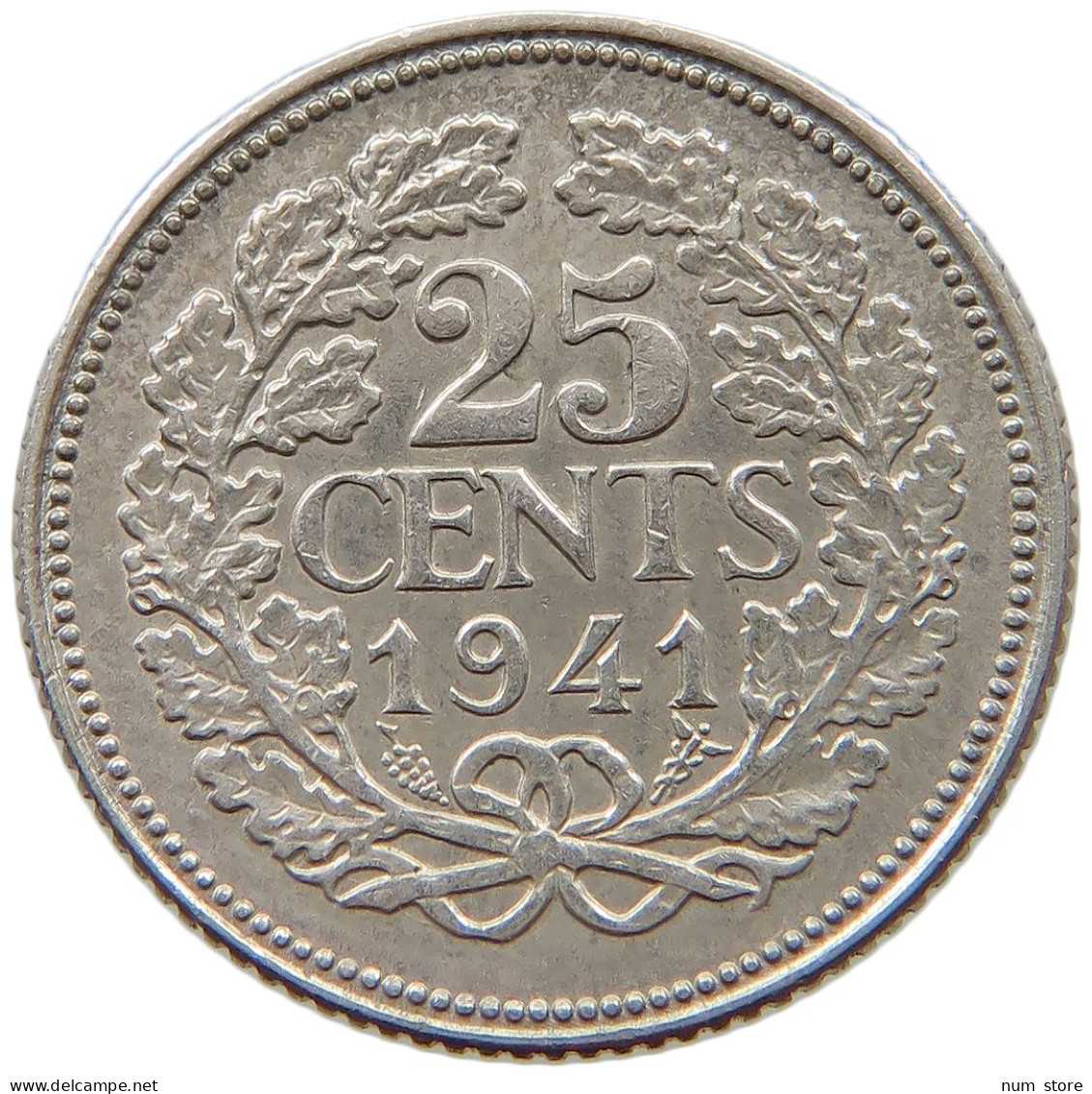 NETHERLANDS 25 CENTS 1941 Wilhelmina 1890-1948 #s049 0519 - 25 Cent
