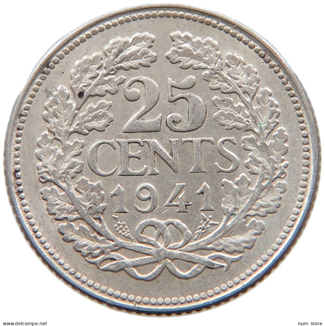 NETHERLANDS 25 CENTS 1941 Wilhelmina 1890-1948 #a032 0921 - 25 Cent