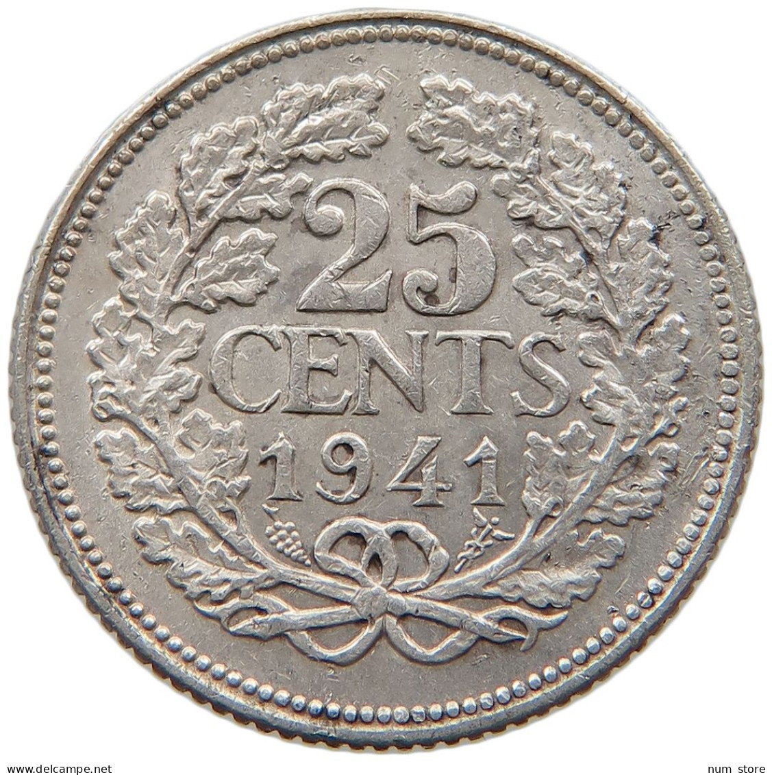 NETHERLANDS 25 CENTS 1941 Wilhelmina 1890-1948 #a032 0933 - 25 Cent