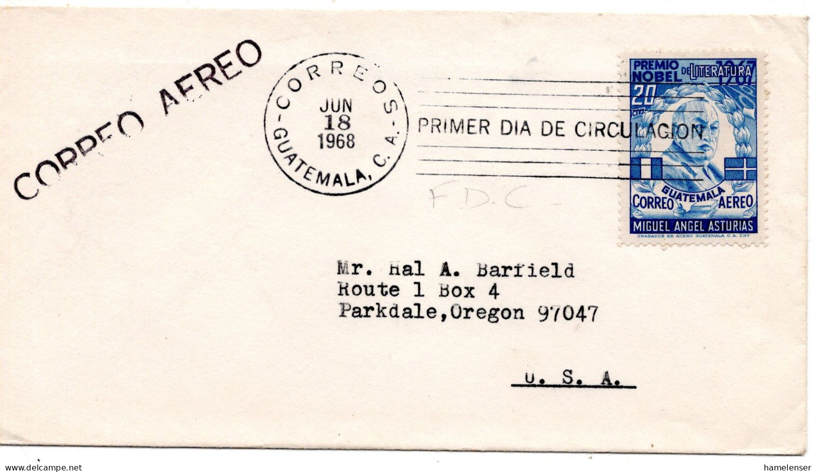 71851 - Guatemala - 1968 - 20c Literaturnobelpreis EF A LpFDC GUATEMALA -> Parkdale, OR (USA) - Guatemala