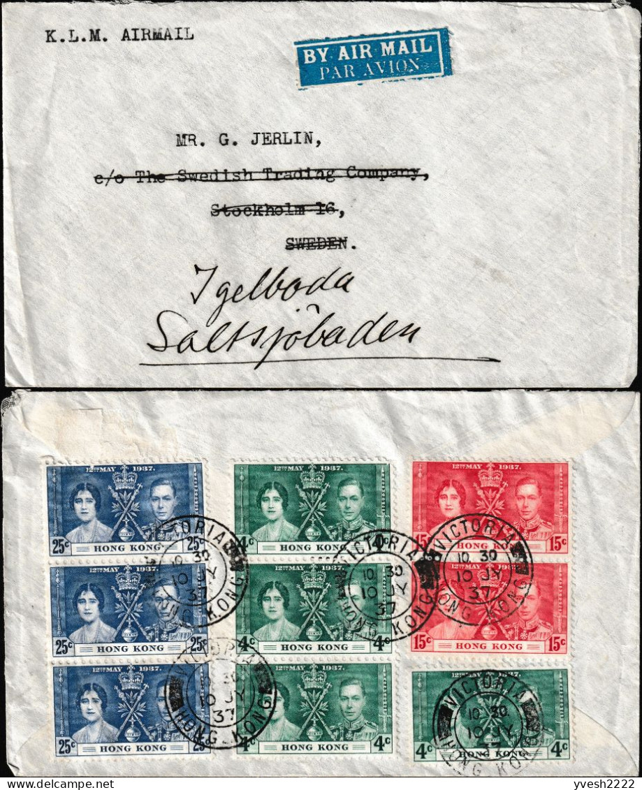 Hong Kong 1937 Y&T 137 à 139, Michel 136 à 138. Lettre Par KLM, Victoria à Stockholm. Couronnement De George VI. Superbe - Lettres & Documents