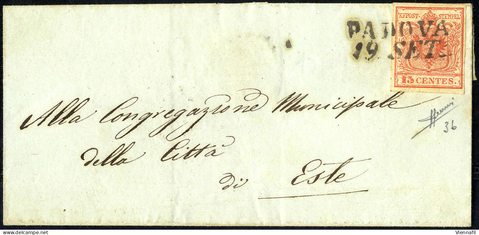 Cover 1850, 15 Cent. Rosso Carminio, Prima Tiratura, Su Lettera Da Padova, Firm. Sorani (Sass. 3b - ANK 3HI - Erstdruck) - Lombardo-Venetien