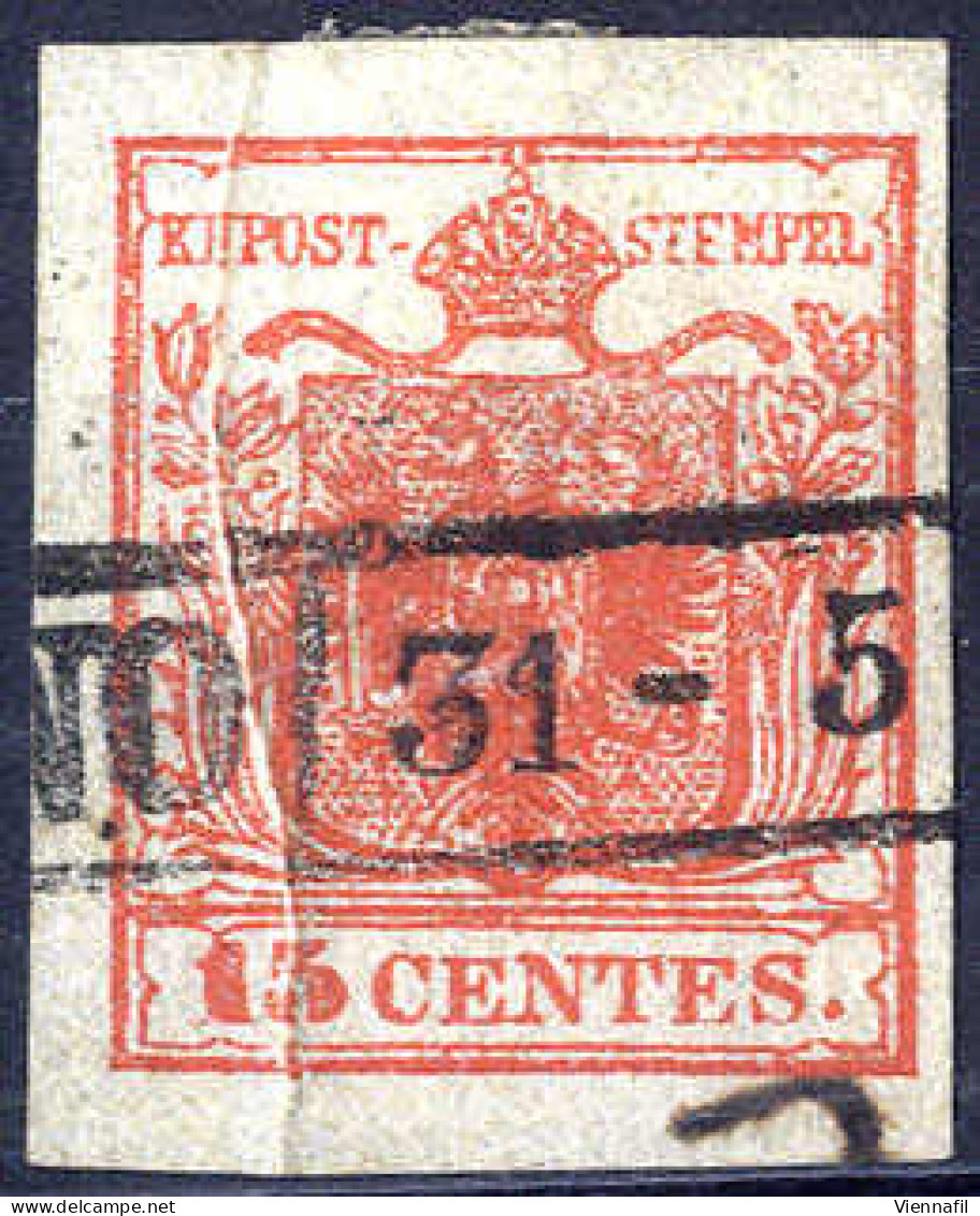 O 1850, "Pieghe Di Carta", 15 Cent. Rosso Vermiglio, Firm. E. Diena (Sass. 4) - Lombardo-Venetien