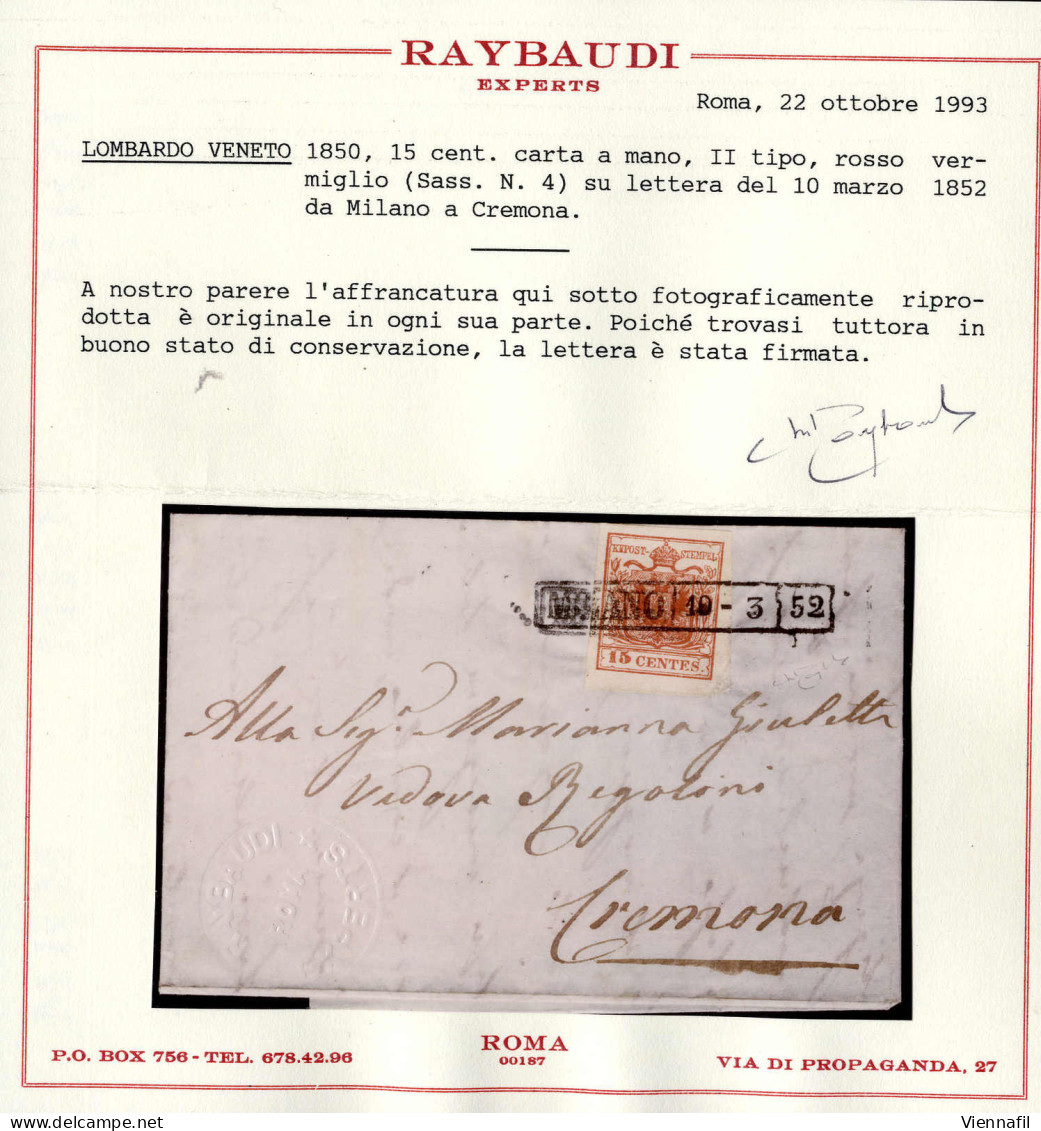 Cover 1850, 15 Cent. Rosso Vermiglio, Secondo Tipo, Su Lettera Da Milano 10.3.1852 (Sass. 4 - ANK 3HIIa) - Lombardo-Venetien