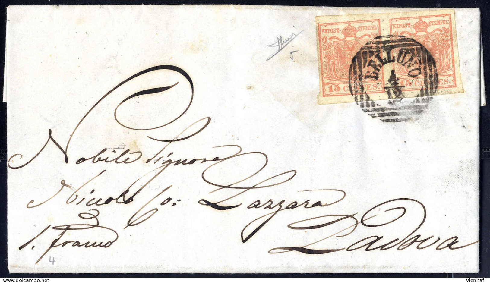 Cover 1850, 15 Cent. Rosa, Secondo Tipo, Coppia Su Lettera Da Belluno, Firm. Sorani (Sass. 5 - ANK 3HII) - Lombardo-Venetien