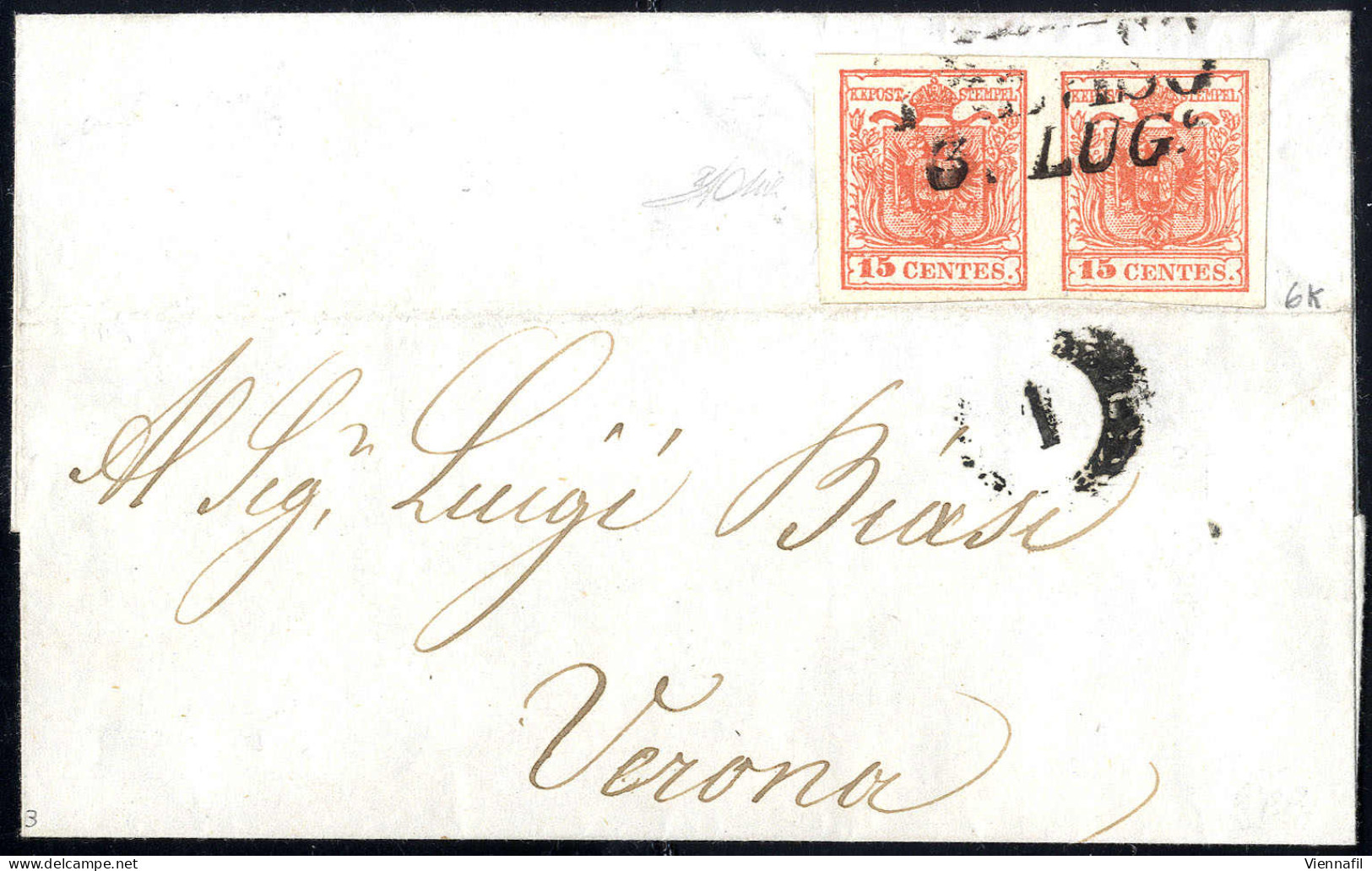 Cover 1850, 15 Cent. Rosso Carminio Vivo, Carta A Mano, Coppia Su Lettera Da Treviso 3.7.1854 Per Verona, Non Comune, Fi - Lombardy-Venetia