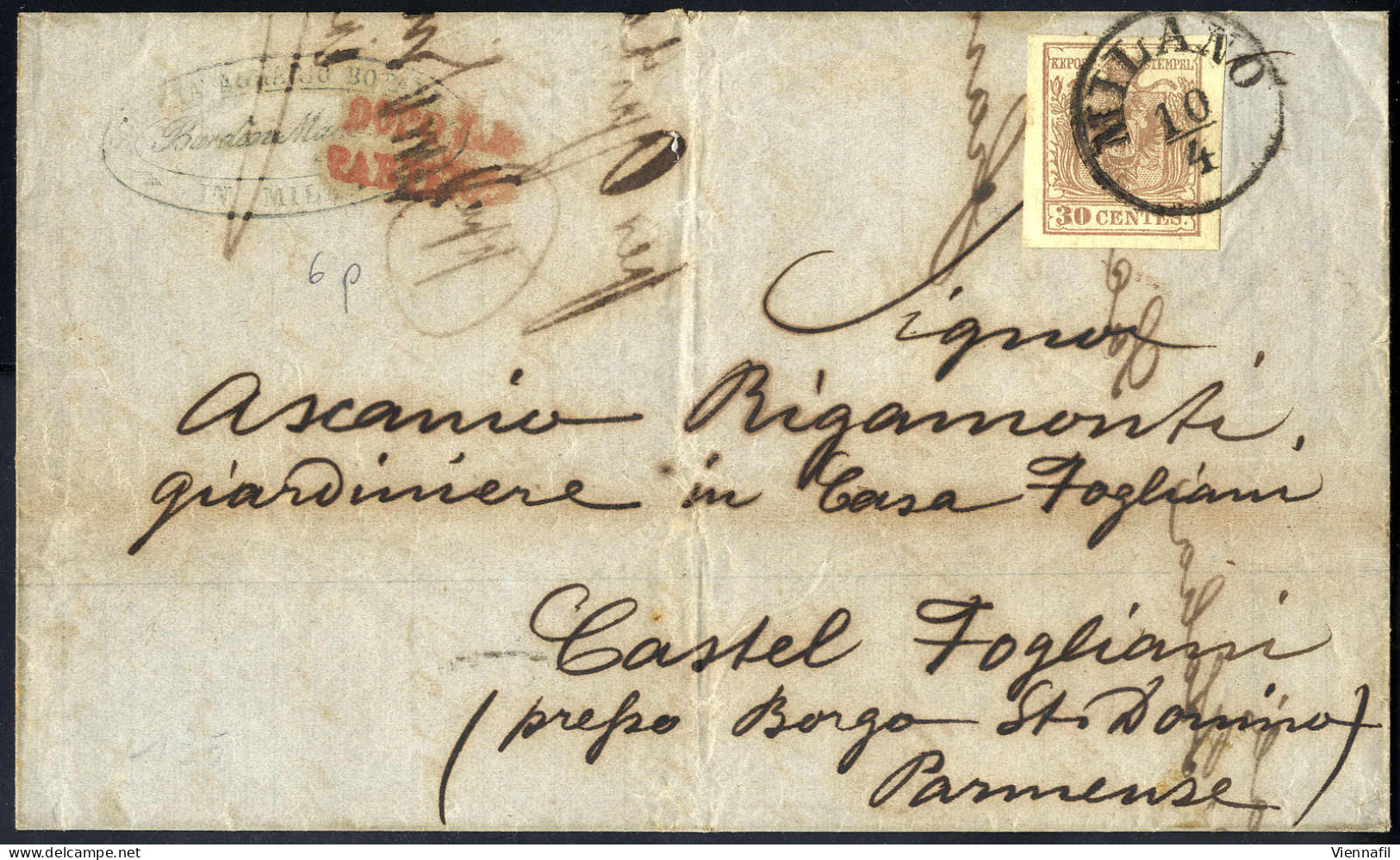 Cover 1854, Lettera Della Seconda Distanza Per L' Estero Da Milano Per Castel Fogliani Affrancata Con 30 Cent., Annullo  - Lombardo-Venetien