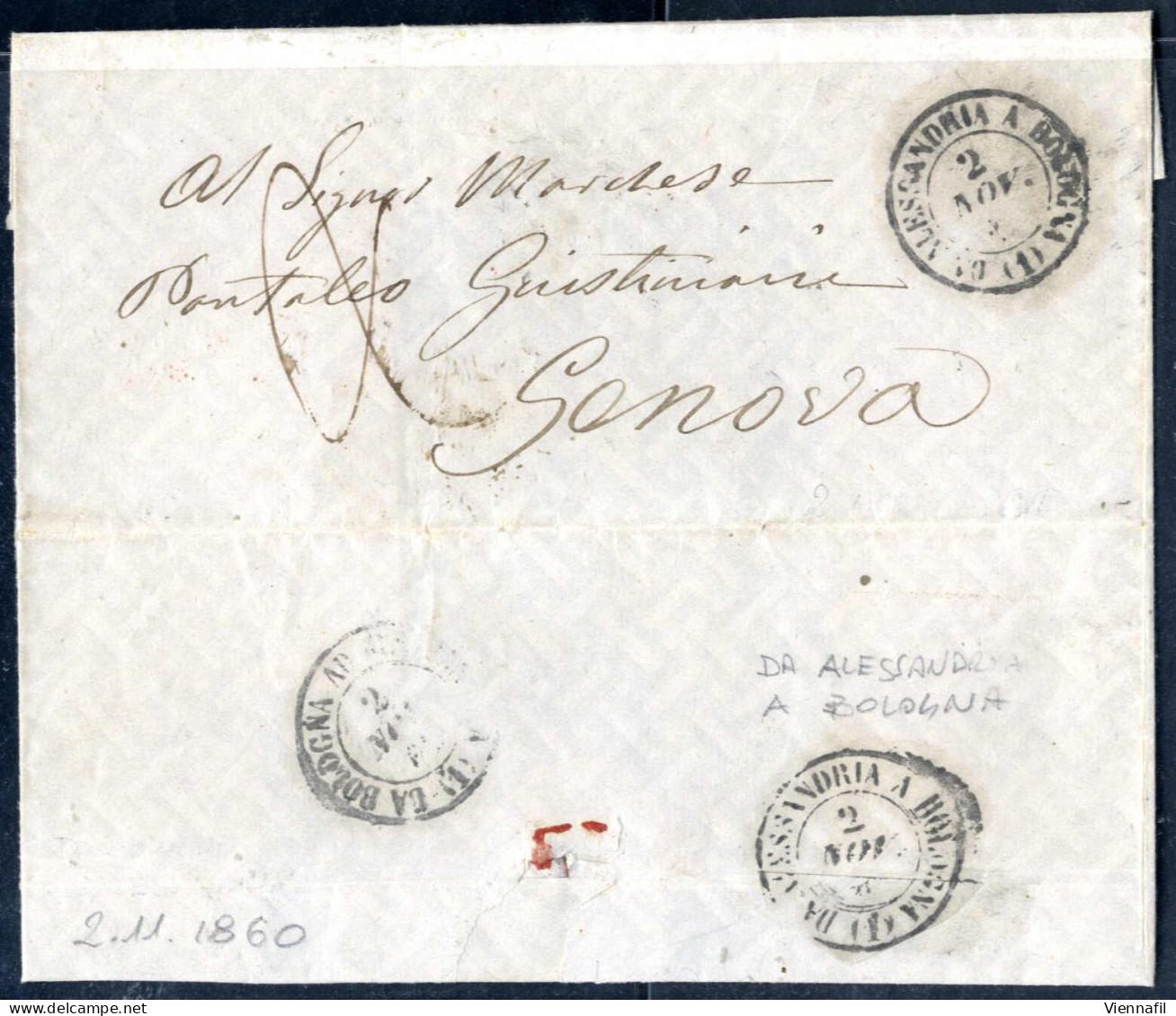 Cover "Da Bologna Ad Alessandria (2)" 1860, Due Lettere Della "strada Ferrata Da Alessandria-Bologna-Alessandria", 1) Af - Lombardo-Venetien