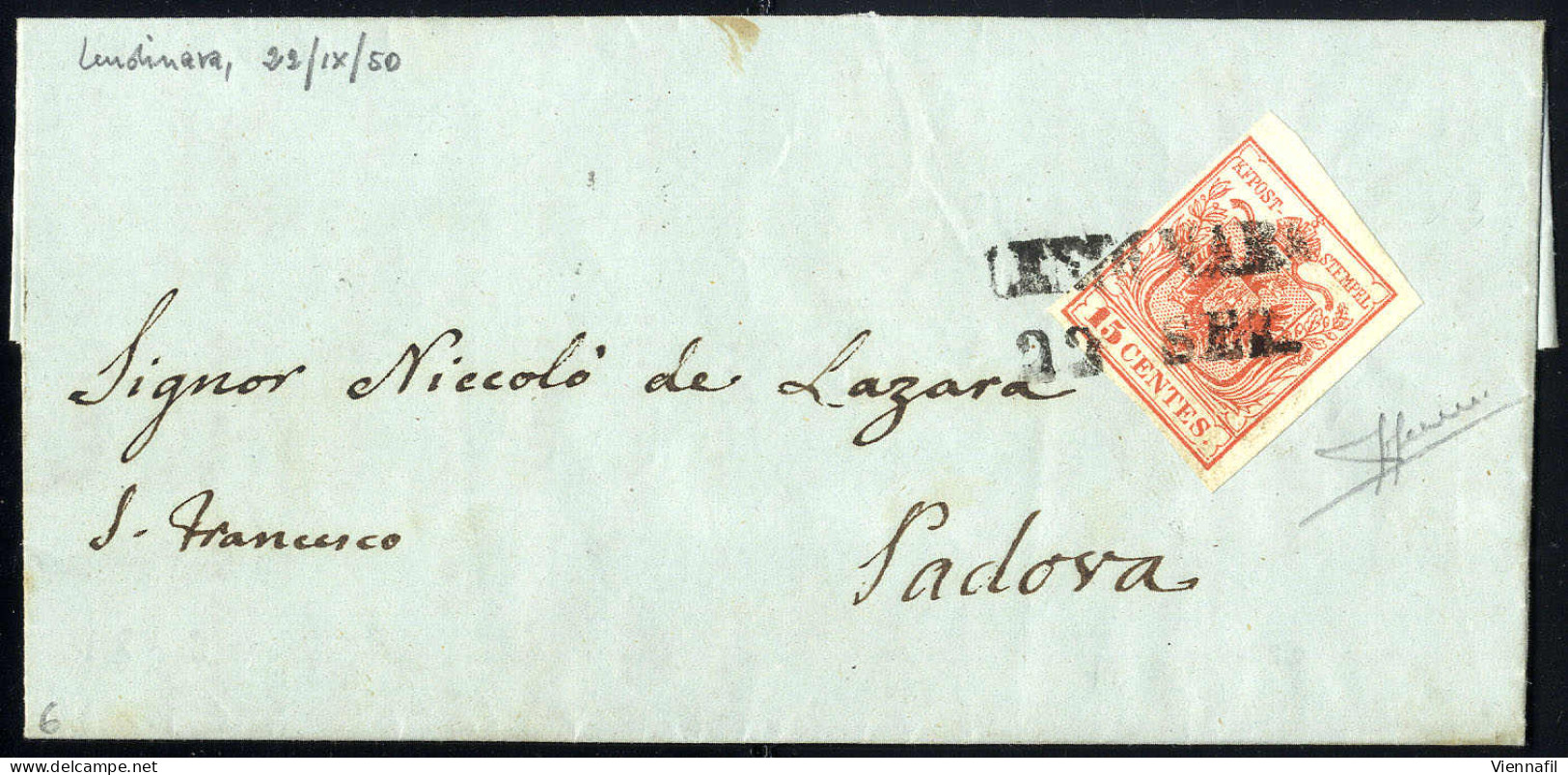 Cover "LENDINARA 22 / SET.", Annullo SD Su 15 Cent. Rosso Su Lettera Per Padova, Firm. Sorani (Sass. 3a - 6P.) - Lombardo-Vénétie