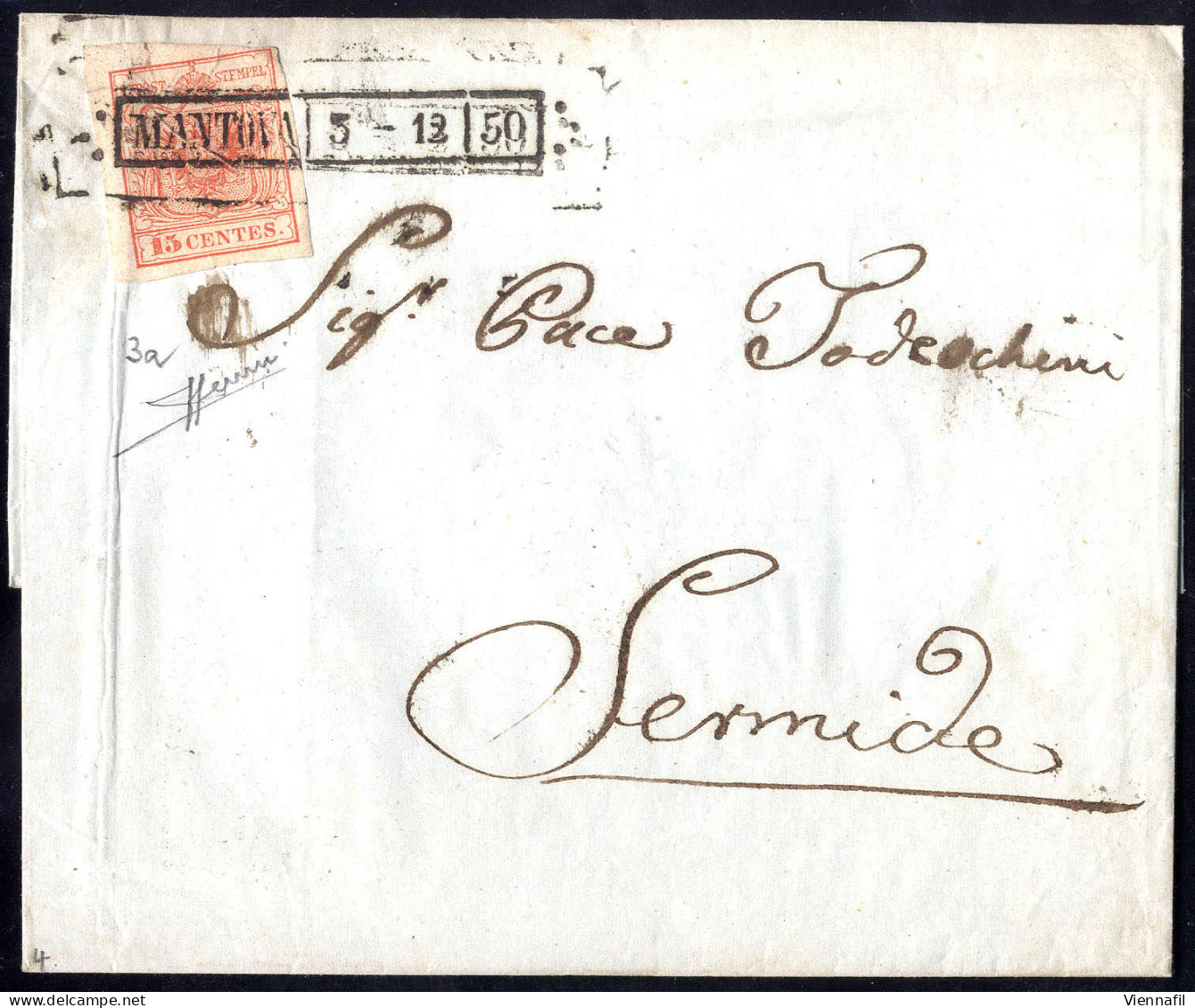 Cover "MANTOVA / 5 - 12 / 50", Annullo R50 Su 15 Cent. Rosso, Primo Tipo, Su Lettera Per Sermide, Firm. Sorani (Sass. 3a - Lombardo-Venetien