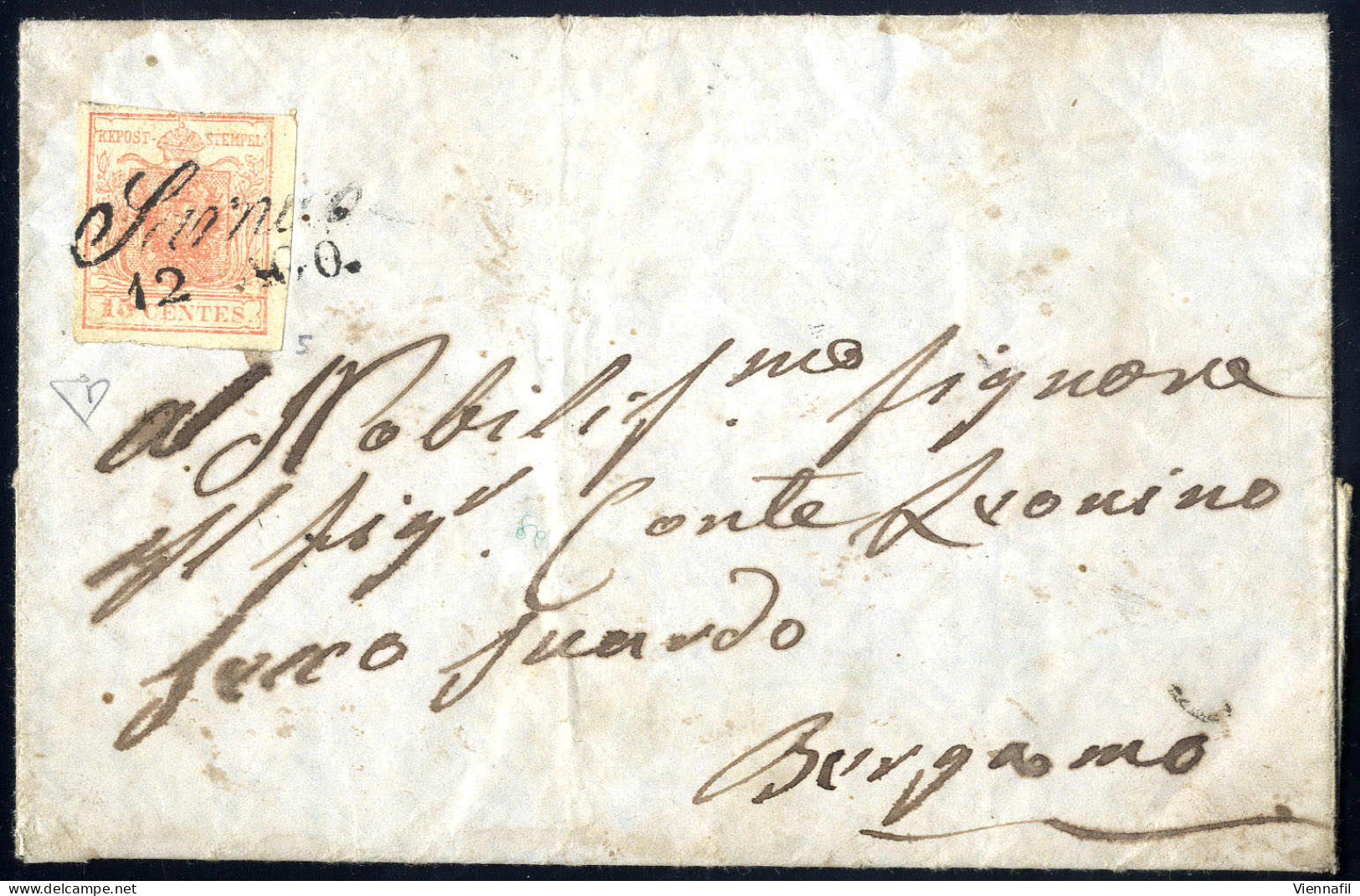 Cover "Sarnico / 12 AGO.", Annullo Corsivo Su 15 Cent. Su Lettera Per Bergamo, Cert. E. Diena (Sass. 5 / 10P.) - Lombardo-Venetien